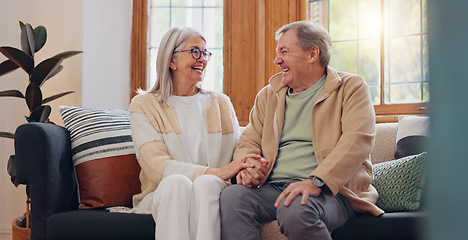 Image showing Love, relax and senior couple laughing at funny joke, enjoy quality time together and bond on home living room sofa. Retirement, smile and elderly man, woman or people happy