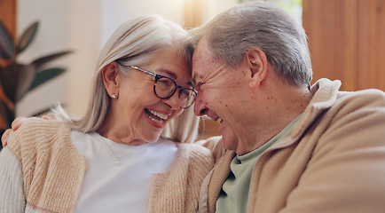 Image showing Care, happy and a senior couple talking on the sofa for marriage kindness and gratitude. Smile, house and an elderly man and woman with love, relax and communication in retirement on the couch