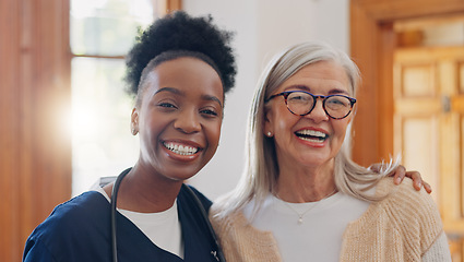 Image showing Face, hug and senior woman with nurse, home and healthcare with a smile, support and worker. Portrait, African person and elderly lady embrace, apartment or bonding with help, happiness and caregiver