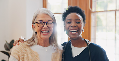 Image showing Face, hug and senior woman with nurse, home and healthcare with a smile, support and worker. Portrait, African person and elderly lady embrace, apartment or bonding with help, happiness and caregiver