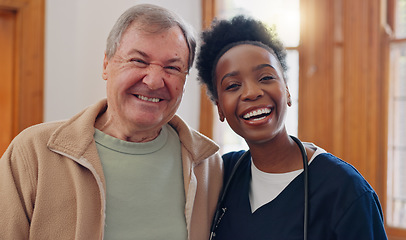 Image showing Face, hug and senior man with nurse, home and healthcare with happiness, support and medicare. Portrait, African person and elderly guy embrace, apartment or bonding with help, cheerful and caregiver