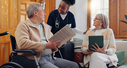Image showing Elderly care, nurse and talking in home with people reading newspaper, book or tablet with discussion of support. Retirement, caregiver and relax in conversation house or living room with notebook