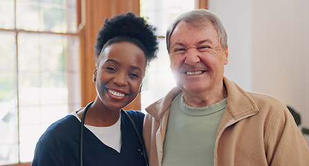 Image showing Face, hug and senior man with nurse, home and healthcare with happiness, support and medicare. Portrait, African person and elderly guy embrace, apartment or bonding with help, cheerful and caregiver