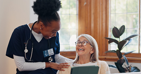 Image showing Smile, tablet or nurse consulting an old woman for medical report results or healthcare diagnosis. Happy, good news or caregiver in nursing home helping, talking or speaking to a healthy elderly lady