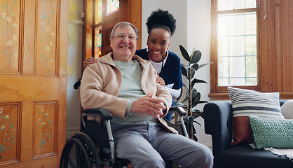 Image showing Senior, man or face of nurse in nursing home for support, wellness or healthcare in wheelchair with laugh. Elderly, person and caregiver or professional with portrait for retirement or care in lounge