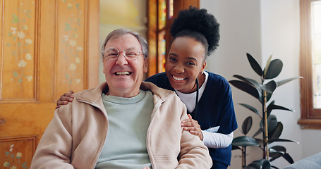 Image showing Senior, man or face of nurse in nursing home for support, wellness or healthcare in wheelchair with laugh. Elderly, person and caregiver or professional with portrait for retirement or care in lounge