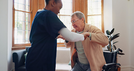 Image showing Walking, wheelchair or caregiver lifting an old man for healthcare support or rehabilitation at nursing home. Helping, hope or nurse speaking to senior patient or elderly person with a disability