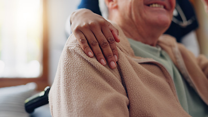 Image showing Caregiver, helping hand and senior man with support in retirement, nursing home or empathy for kindness. Elderly care, nurse and hands on shoulder together and healthcare service in apartment