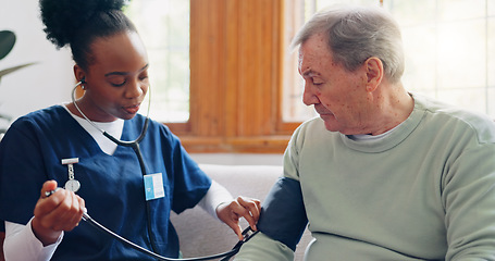 Image showing Doctor, woman or blood pressure of patient in home for medical after surgery, recovery or rehabilitation. Diversity, people or elderly care in hospital, facility or clinic with results for health