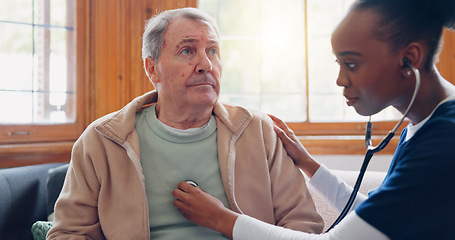 Image showing Caregiver, senior patient or breathing for healthcare service, nursing or heart check in hospital clinic. Retirement home, consulting or cardiology of elderly man or black woman for lungs or wellness