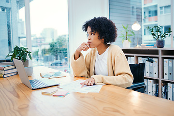 Image showing Office, planning and woman in wheelchair with paperwork at a desk with report and internet research. Online, computer and female person with a disability inclusion and reading and thinking with data