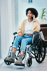 Image showing Phone call, talking and woman in a wheelchair in home with communication, chat or contact us in apartment. Cellphone, discussion and person with a disability with network, relax and connection