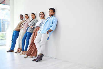 Image showing Professional, staff portrait and business people with entrepreneur and hiring employee with mockup space. Job interview, recruitment and leaning on wall with diversity and company team of worker idea