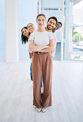 Image showing Business people, arms crossed or portrait row in leadership, about us or fun collaboration in global modern office. Diversity, confidence or woman with creative designer group in team building space