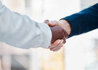 Image showing Handshake, partnership and collaboration for teamwork, contract agreement, business and close deal. Closeup, hand gesture and negotiation success for welcome, hiring and cooperation for project