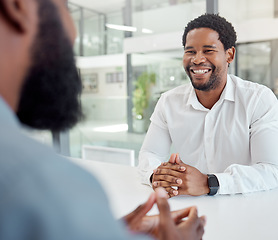 Image showing Interview, recruitment and black man meeting with a manager in an office at work. Business meeting, smile and happy African worker talking and consulting with a hiring consultant for a corporate job