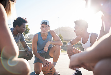 Image showing Basketball, team and meeting for sports strategy, collaboration or planning in discussion on the court. Group of athletic sport players in teamwork or competitive conversation for match or game plan