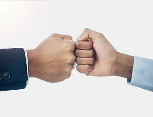 Image showing Teamwork, fist bump or corporate partnership for meeting success, support or trust motivation hand zoom. Business men, hands or collaboration for community, planning or team building strategy