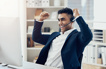 Image showing Businessman, fist or success on call center computer in sales deal, target goals or b2b consulting help. Happy smile, celebration telemarketing receptionist and winner expression in contact us office