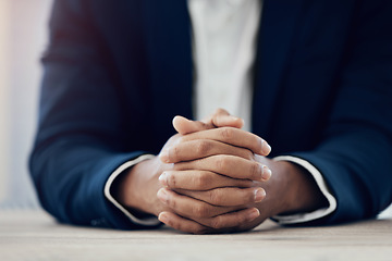 Image showing Hands, businessman and ready for company job interview with human resources manager, recruitment agent or hiring consultant. Zoom, ceo and hr leadership in office consulting recruiter for assessment