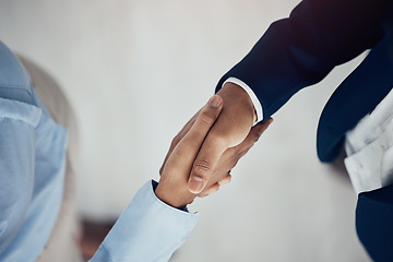 Image showing Business meeting, handshake and business partnership hands in support of teamwork, collaboration and welcome. Thank you, shaking hands and b2b interview for deal, success and vision on mission above