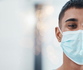 Image showing Man, face mask for covid and health closeup, safety from disease or virus mockup, with healthcare and medicine portrait. Indian person, clinic and medical policy with protection during pandemic.