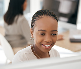 Image showing Black woman, business or reading computer data in digital marketing, advertising startup or logo design office. Happy smile, creative designer or technology and target audience research or kpi goals