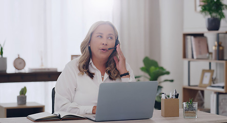 Image showing Remote work, laptop and customer service consultant in home office talking for support, CRM and telemarketing. Freelance entrepreneur woman with technology for sales, marketing and call center