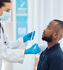 Image showing Covid, medical and test with man and doctor for pharmacy, medicine and clinical research. Exam, pcr and cotton swab with healthcare worker and patient in hospital for virus, flu or disease prevention