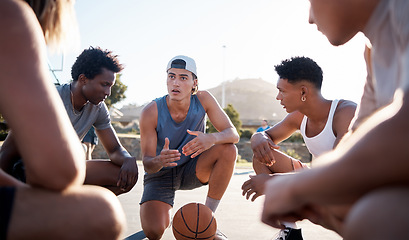 Image showing Motivation, leadership and men in a huddle on basketball court in a circle for mindset and teamwork. Fitness, sports and athletes talking or speaking of training goals, mission and strategy planning