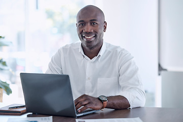 Image showing Ceo, black man and portrait at office laptop with smile working on report for marketing company. Professional corporate worker at workplace desk with document for project development.