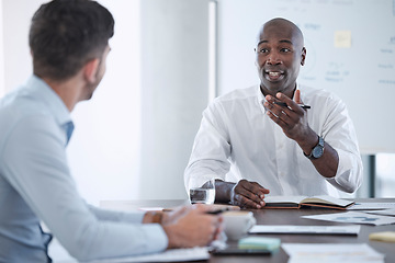 Image showing Teamwork, diversity or business people writing notes for marketing idea, planning networking schedule for digital data analysis. Creative, designer or black man mentor for social media SEO analytics