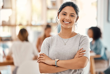 Image showing Business woman, designer and portrait of happy employee working, arms crossed and marketing agency, startup and creative company. Smile, happiness and young employee internship at advertising agency