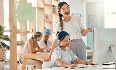 Image showing Business women, computer and laughing in office teamwork, digital marketing collaboration and at funny web design logo. Smile, happy and comic creative designers on company brand research technology