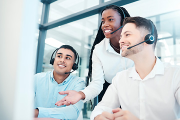 Image showing Call center, team and coaching mentor for telemarketing, customer service or sales at the office. Happy employee agents in teamwork, contact us or help for consulting or online desktop support