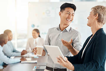 Image showing Meeting, woman and man with tablet, happy conversation at creative marketing agency office. Coaching, teamwork and diversity, sharing idea and vision at workshop, CEO and businessman smile on project