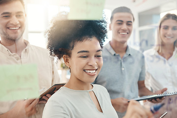 Image showing Diversity, team and post it for marketing strategy, presentation or collaboration for business idea, happy or smile together. Teamwork, brainstorming or writing for group project, planning or talking