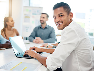 Image showing Businessman, laptop and smile for management, meeting or marketing discussion or planning at the office. Happy employee man taking notes or minutes for conversation on computer at the workplace