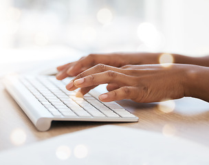 Image showing Keyboard, hands typing and writer with research for website copywriting, blog ideas or inspiration for newsletter on bokeh. Desktop computer or office desk worker with online email marketing strategy