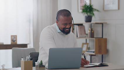 Image showing Businessman, laptop or home office writing in call center, remote work crm consulting or telemarketing. Happy smile, freelancer receptionist talk or webinar technology with notebook training schedule