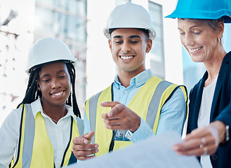 Image showing Business people, architect and smile for team construction planning, collaboration or industrial strategy with blueprint. Happy engineering workers in building plan for architecture industry on site