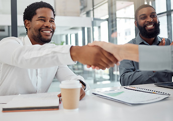 Image showing Businessman, handshake and meeting for b2b, interview or partnership in collaboration, support and trust at the office. Man shaking hands of new employee for hiring, welcome or agreement on work deal