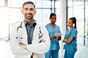 Image showing Doctor, leadership or healthcare employee with smile in hospital for vision, motivation or mission portrait. Health care, medicine or insurance nurse for, health, wellness or medical help in clinic
