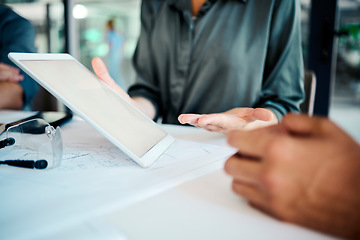 Image showing Tablet mockup screen, business meeting and people hands with multimedia technology for branding, digital marketing or advertising app. Corporate B2B teamwork on erp strategy and web creative planning