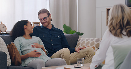 Image showing Pregnancy, smile and couple in therapy with a therapist for support, help and planning for baby in an office. Consulting, happy and man and woman talking with a psychologist about being pregnant