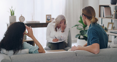 Image showing Therapy, mental health and psychologist with a headache from couple consulting for help with marriage problem. Stress, tired and therapist with burnout from giving support to man and woman in divorce