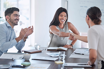 Image showing Partnership, applause and handshake by business people in support of collaboration, b2b and startup success. Job interview, hand shake and recruitment leader black woman hiring, employee and contract