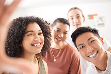 Image showing Happy, smile and business team taking a selfie at a fun team building event or meeting in the office. Diversity, collaboration and portrait of corporate employees taking picture together at workplace