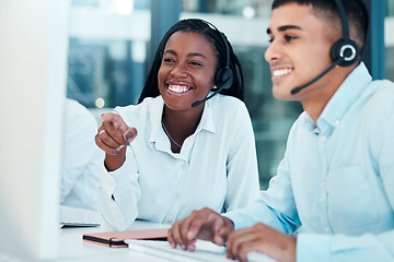 Image showing Call center, happy manager and crm employee training on computer for company advice, goal or target communication. Teamwork, leadership and help coaching man for telemarketing customer service agent