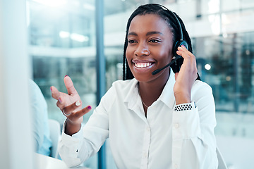 Image showing Communication, call center and black woman consulting at computer with professional customer online. Telemarketing consultant listening to internet client with smile in corporate workplace.